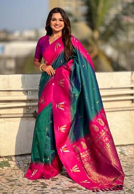 teal green balaji tilak woven soft silk blend saree 4