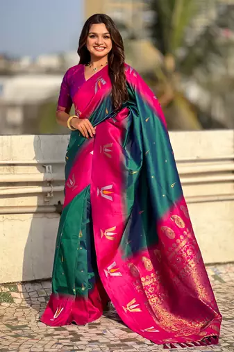 teal green balaji tilak woven soft silk blend saree