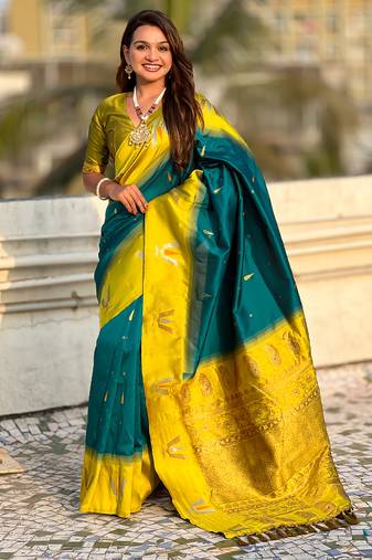 teal blue balaji tilak woven soft silk blend saree