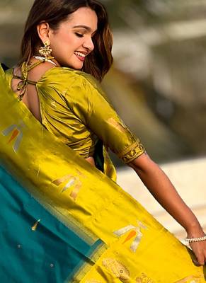 teal blue balaji tilak woven soft silk blend saree 2
