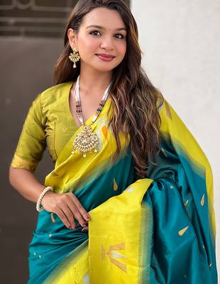 teal blue balaji tilak woven soft silk blend saree 3