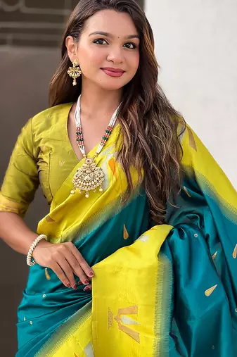 teal blue balaji tilak woven soft silk blend saree