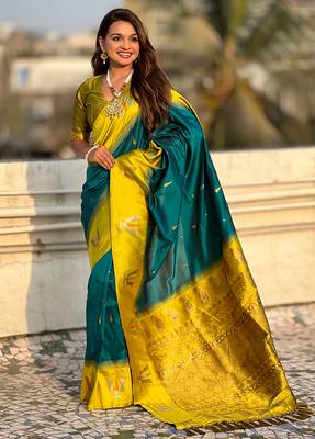 teal blue balaji tilak woven soft silk blend saree 4
