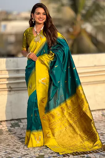 teal blue balaji tilak woven soft silk blend saree