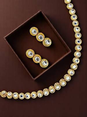 Gold plated round kundan studded necklace set 1