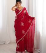 Cheery pink fendy satin beads hand work saree