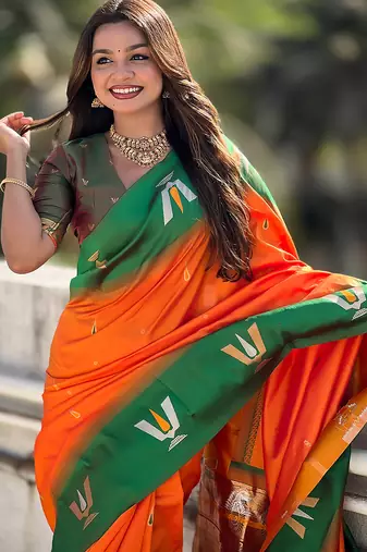 orange balaji tilak woven soft silk blend saree