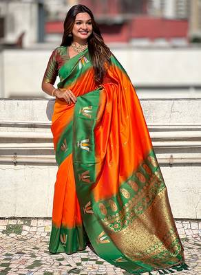 orange balaji tilak woven soft silk blend saree 4