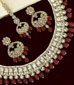 Gold plated kundan & maroon beads studded choker necklace set