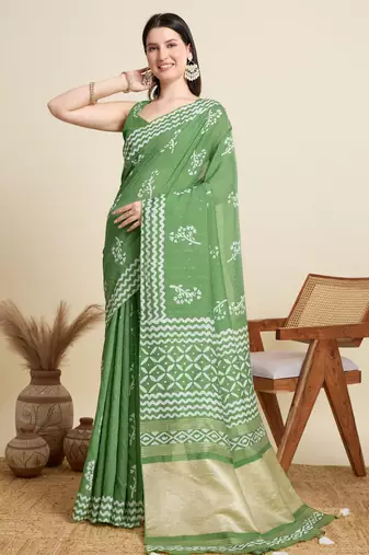 Green blended cotton saree