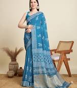 Blue blended cotton saree