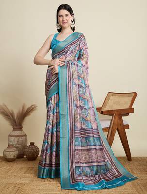 Tea blue cotton woven border and printed saree 1