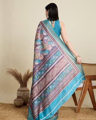 Tea blue cotton woven border and printed saree 2