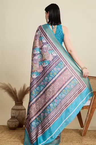 Tea blue cotton woven border and printed saree
