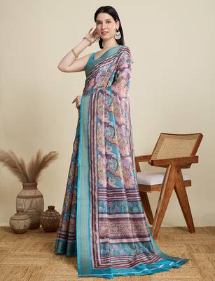 Tea blue cotton woven border and printed saree 3