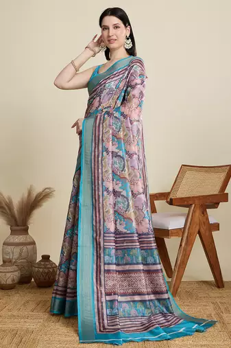 Tea blue cotton woven border and printed saree