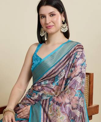 Tea blue cotton woven border and printed saree 4