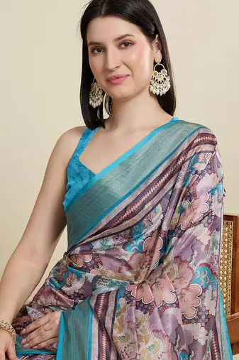 Tea blue cotton woven border and printed saree
