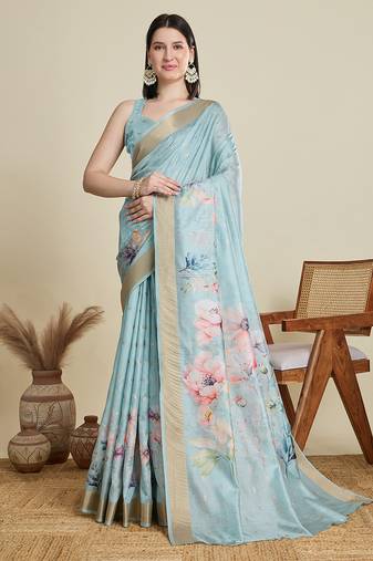 Sea green cotton woven border and printed saree