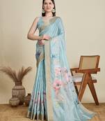 Sea green cotton woven border and printed saree