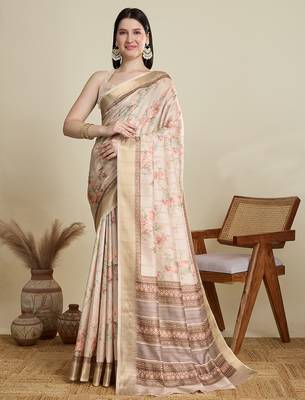 Off white cotton woven border and printed saree 1
