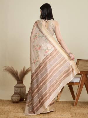 Off white cotton woven border and printed saree 2