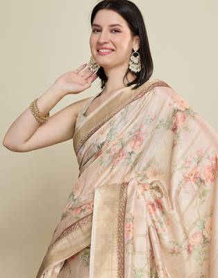 Off white cotton woven border and printed saree 4