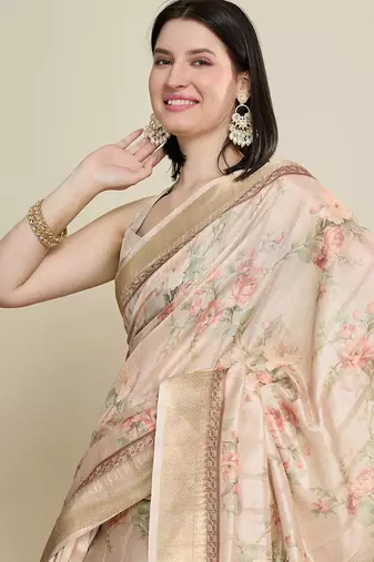 Off white cotton woven border and printed saree