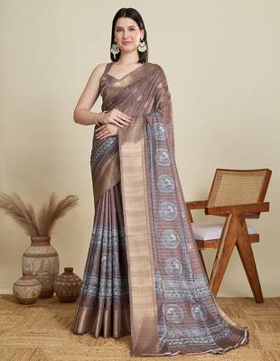 Purple cotton woven border and printed saree 1