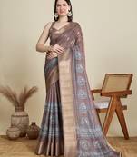Purple cotton woven border and printed saree