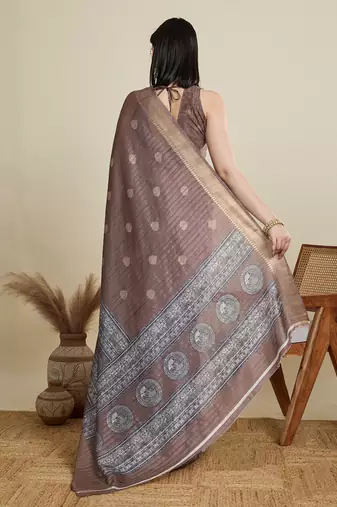 Purple cotton woven border and printed saree