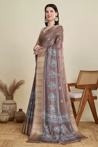 Purple cotton woven border and printed saree