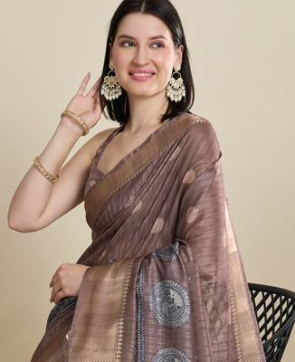 Purple cotton woven border and printed saree 4