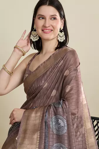 Purple cotton woven border and printed saree