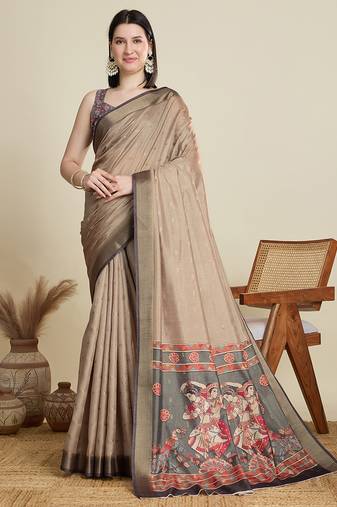 Beige cotton woven border and printed saree