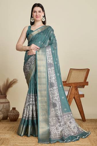 Green cotton woven border and printed saree