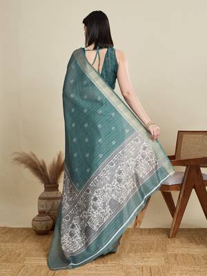 Green cotton woven border and printed saree 2