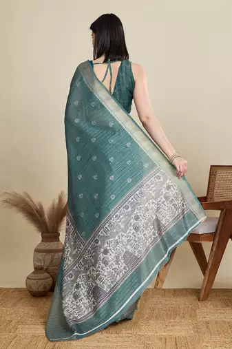 Green cotton woven border and printed saree