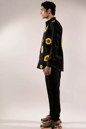 Quilted sunflower black cotton shirt