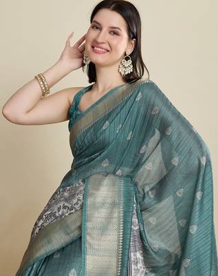 Green cotton woven border and printed saree 4
