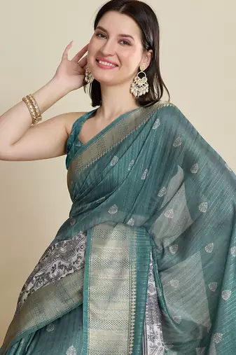 Green cotton woven border and printed saree