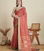 Peach cotton woven border and printed saree