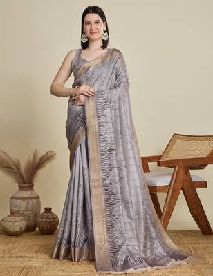 Grey cotton woven border and printed saree 1