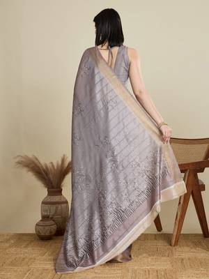 Grey cotton woven border and printed saree 2