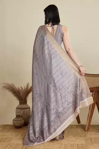 Grey cotton woven border and printed saree