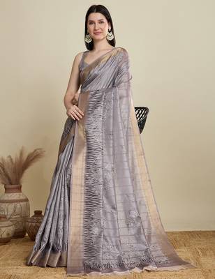 Grey cotton woven border and printed saree 3