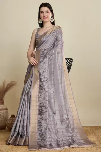 Grey cotton woven border and printed saree