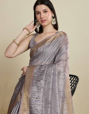 Grey cotton woven border and printed saree 4