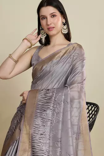 Grey cotton woven border and printed saree