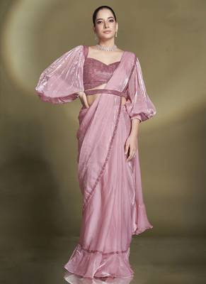 pre-stitched two tone satin silk blend sequins beads work saree with stitched blouse 1